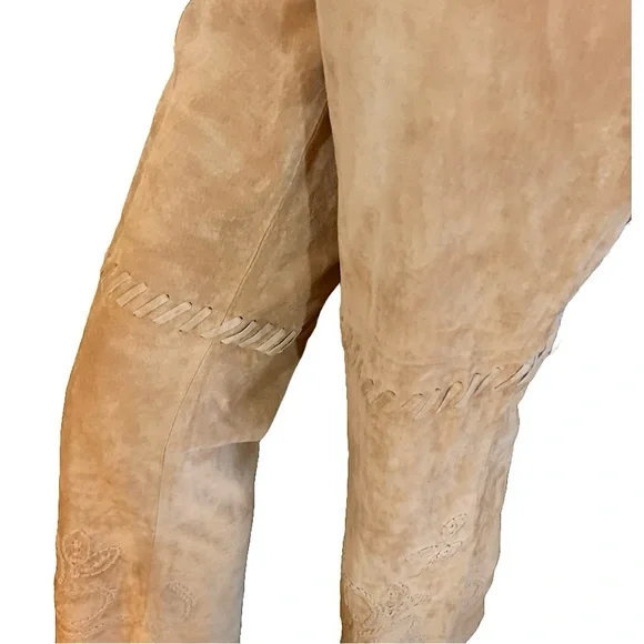 MARGARET GODFREY TAN SUEDE WHIP STITCH W/FLORAL DESIGN FLARE LEG PANTS (10) - Picture 7 of 14